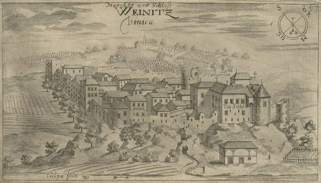 Zgodovinska upodobitev Gradu Vinica (WEINITZ) iz Valvasorjevega dela, 1687